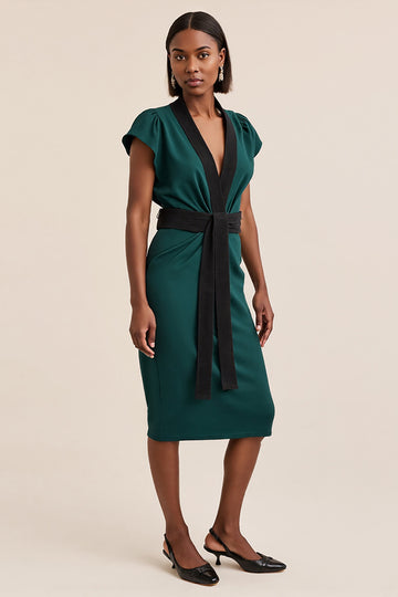 Dark Green V-Neck Work Dress with Short Sleeves